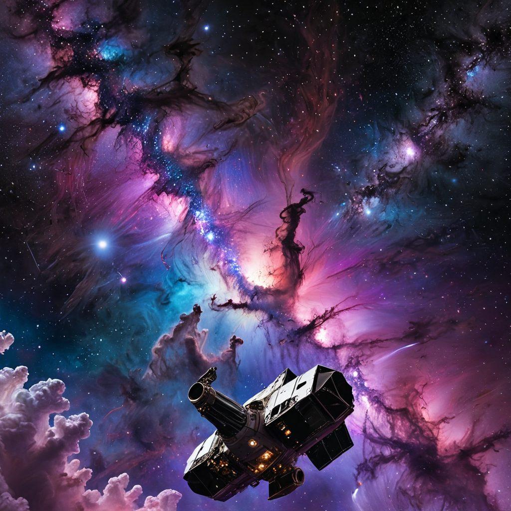 A stunning, expansive view of a vibrant nebula teeming with swirling colors of purple, blue, and pink, against a backdrop of distant galaxies and twinkling stars. Include a sleek spacecraft in the foreground, observing the cosmic marvel, with a sense of adventure and wonder. Showcase subtle hints of planets and asteroids in the distance, enhancing the feeling of depth and exploration. super-realistic. vibrant colors. deep space theme.