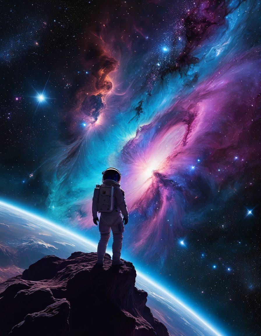 A stunning cosmic landscape featuring a vibrant nebula swirling with bright blues and purples, dotted with glimmering stars and distant planets. An astronaut floats in the foreground, gazing in awe at the colorful stellar phenomena. The scene conveys a sense of wonder and exploration of the universe's vastness. super-realistic. vibrant colors. deep space background.