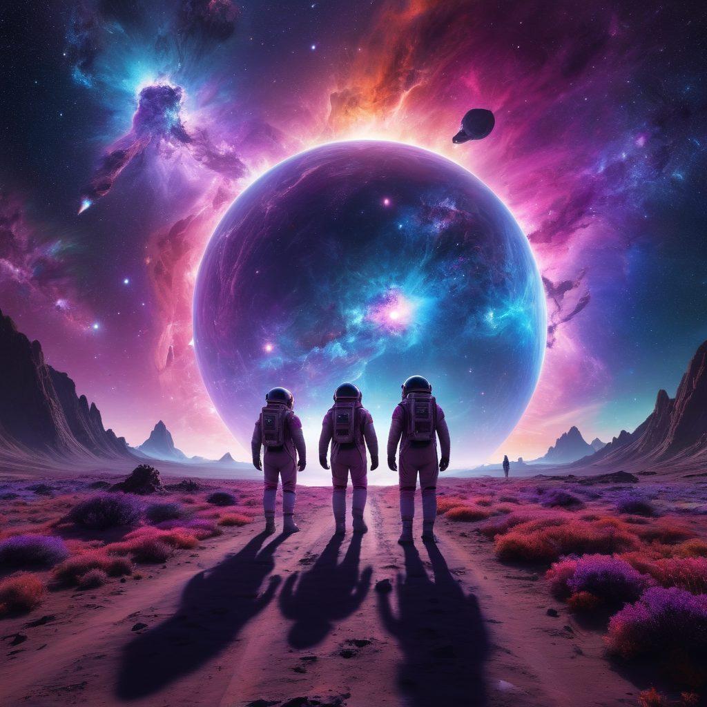 A cosmic scene showcasing a futuristic spaceship traveling through a vibrant nebula, surrounded by swirling colors and distant stars. In the foreground, astronauts study alien life forms, merging elements of quantum physics and astrobiology. Incorporate floating equations and DNA strands to symbolize the scientific journey. surrealistic. vibrant colors. space backdrop.